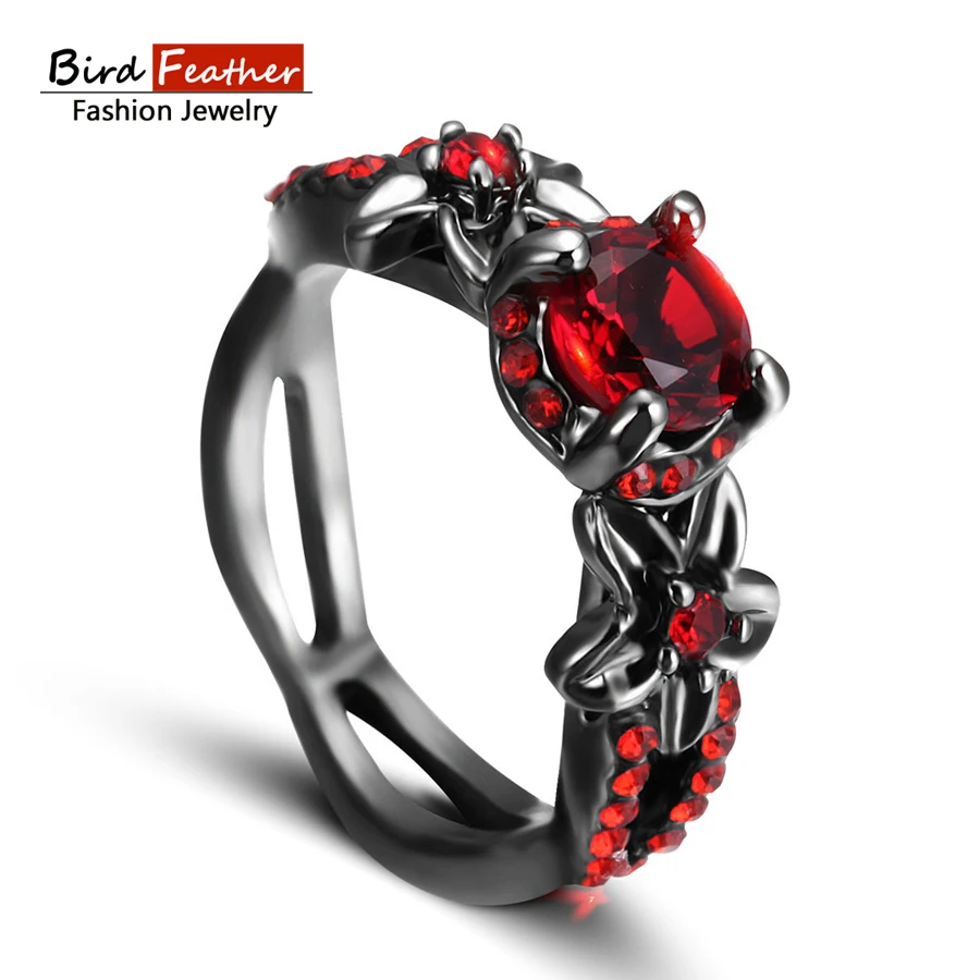

Bird Feather Stainless Steel Men Rings Red Color Stone Rings for Women Black-Color Male Punk Fashion Jewelry Titanium Steel Ring