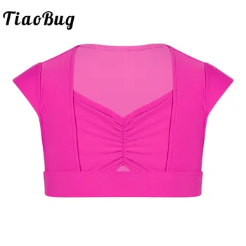 

TiaoBug Girls Cap Sleeves Dance Crop Top Children Solid Color Gymnastics Workout Ballet Tops Kids Stage Practice Dance Costumes