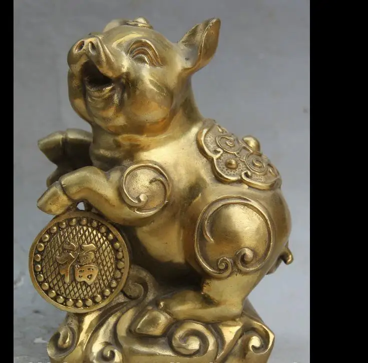 

671115880*++7" Chinese Feng Shui Brass Zodiac Year Pig Fu Swine Animal hog Statue Sculpture