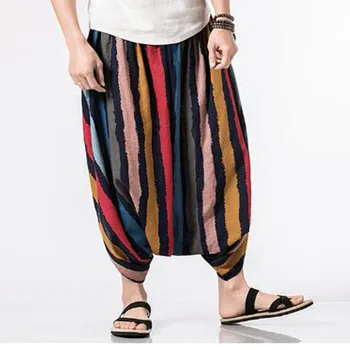 

M-5XL Red Striped Men's Harem Wide Leg Aladdin Trousers Pants Men's Big Drop Crotch Hippy Boho Casual Loose Thai Casual Pants
