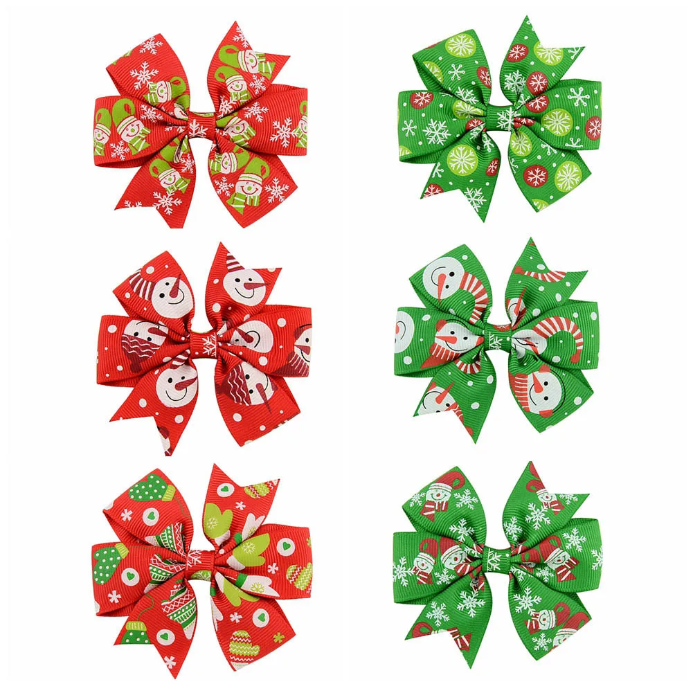 3 inch Christmas gift Snowman Painted Ribbon Hair Bow Clips Kids