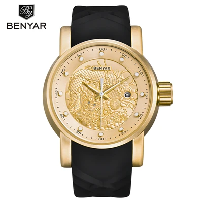 Роскошные брендовые BENYAR силиконовые часы мужские водонепроницаемые военные кварцевые наручные часы Мужские часы золотые черные Reloj Hombre - Цвет: GoldDial