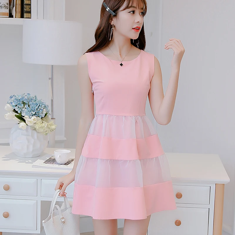 

2019 summer new mini dress woman solid color Korean lapel wild Mesh stitching Sexy dresses fashion party dress Female