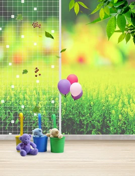 

Vinyl Photography Backdrop Balloons Green Glass with Teddy Bear Baby children Photographic Background