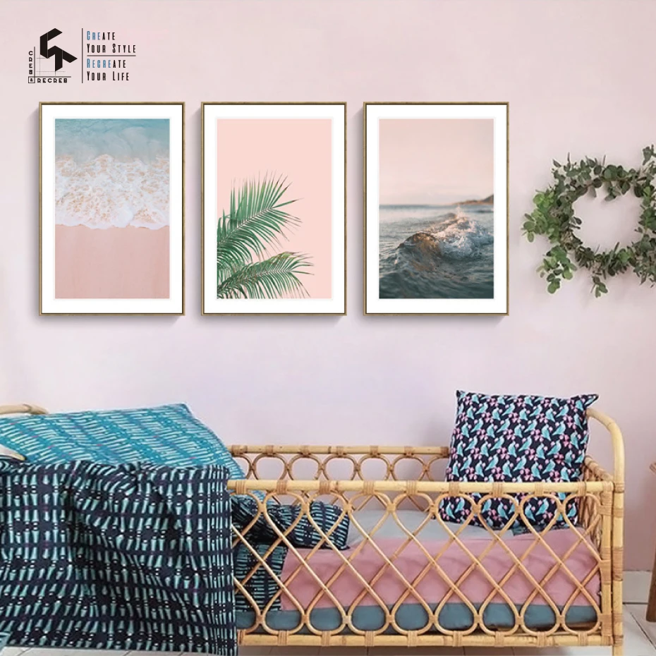 

CREATE&RECREATE Nordic Poster Sea Beach Posters And Prints Wall Art Pink Canvas Paintings Leaf Decorative Pictures CR1810115050