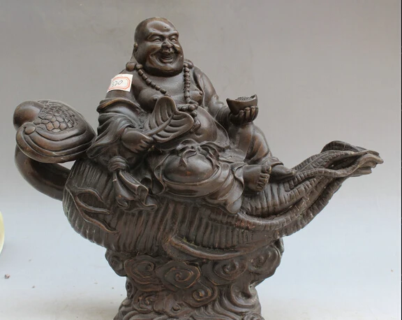 

JP S61 13" Old Chinese Bronze Wealth ginseng Panax Happy Laugh Maitreya Buddha Statue