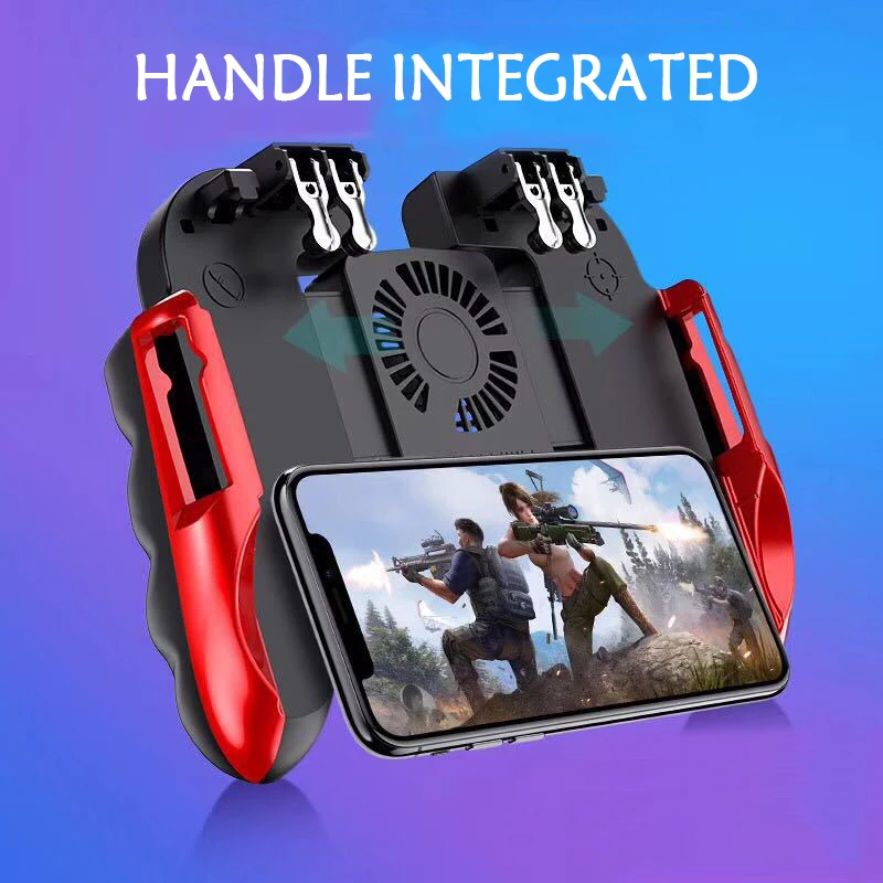 PUBG Mobile Controller Six Finger Gamepad With Cooler Cooling Fan For iOS Android Operation Joystick red and gold 500mAh battery