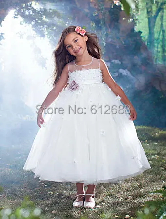 flower dress gowns dresses organza appliques tiered calf mid length bridesmaid princess