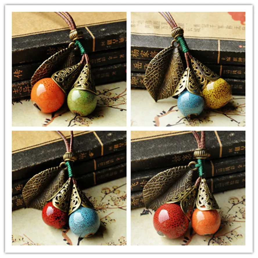 

Woman Ceramic Necklace Antique Bronze fashion Vintage rope Sweater Chain Beads Pendants Necklace