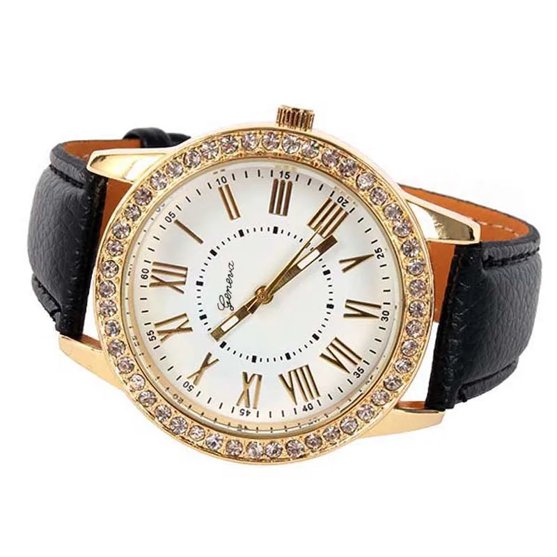 New Casual Luxury Women's Watch Bling Gold Crystal Women Luxury Leather Strap Quartz Watch Female Causal Clock Relogio Feminino