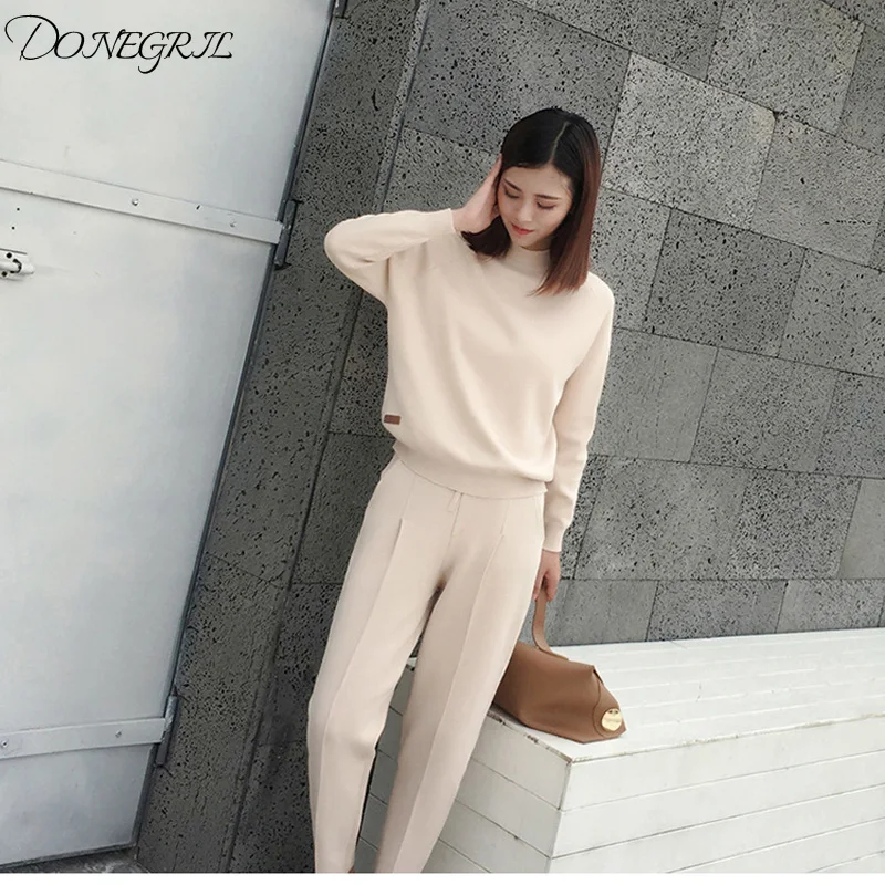 

2018new cashmere cotton wool blend thick knit women fashion sweatshirts tracksuit pullover pant 2pcs/set beige 4color S-XL