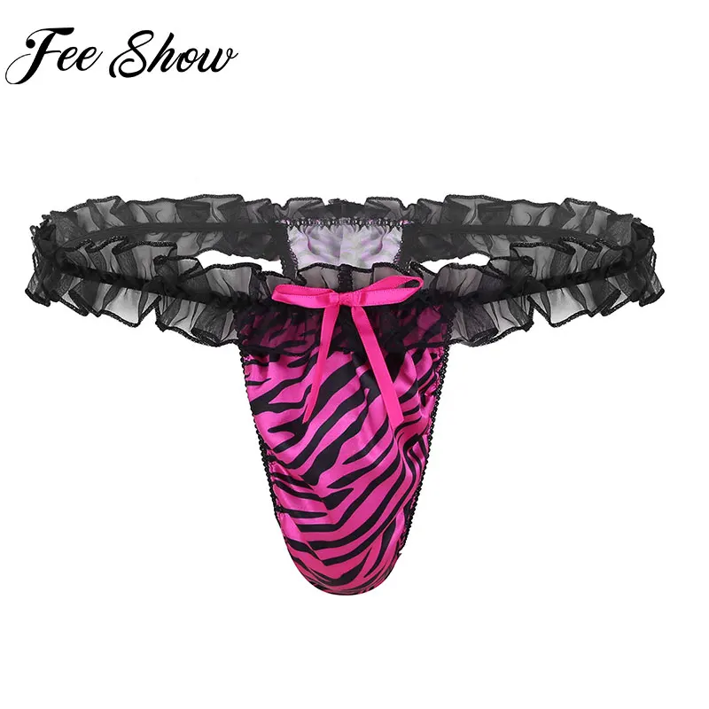

Feeshow Mens Lingerie Soft Satin Stripe Low Rise High Cut Ruffled Frilly Bikini Briefs Underwear Male Lace Sissy Underpant