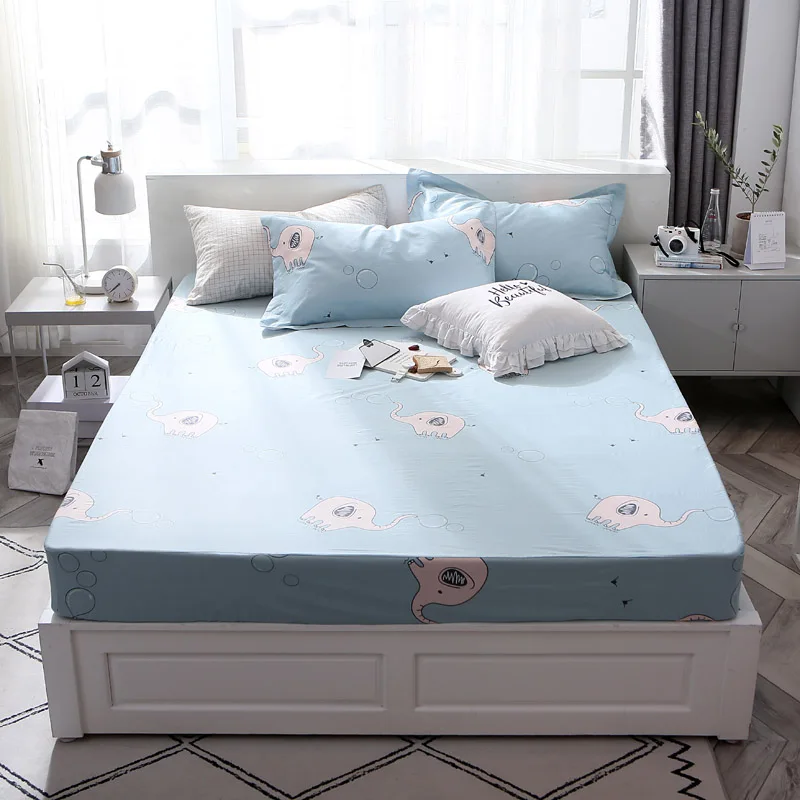 

White Cartoon Pattern 3Pcs 100% Cotton Soft Printed Solid Fitted Sheet Mattress Cover Four Corners With Elastic Band Bed Sheet
