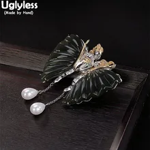 Роскошные Броши-бабочки из натурального нефрита, настоящее 925 пробы, серебро, большой размер, для женщин, ручная работа, эльф, булавки, двойное использование, подвески