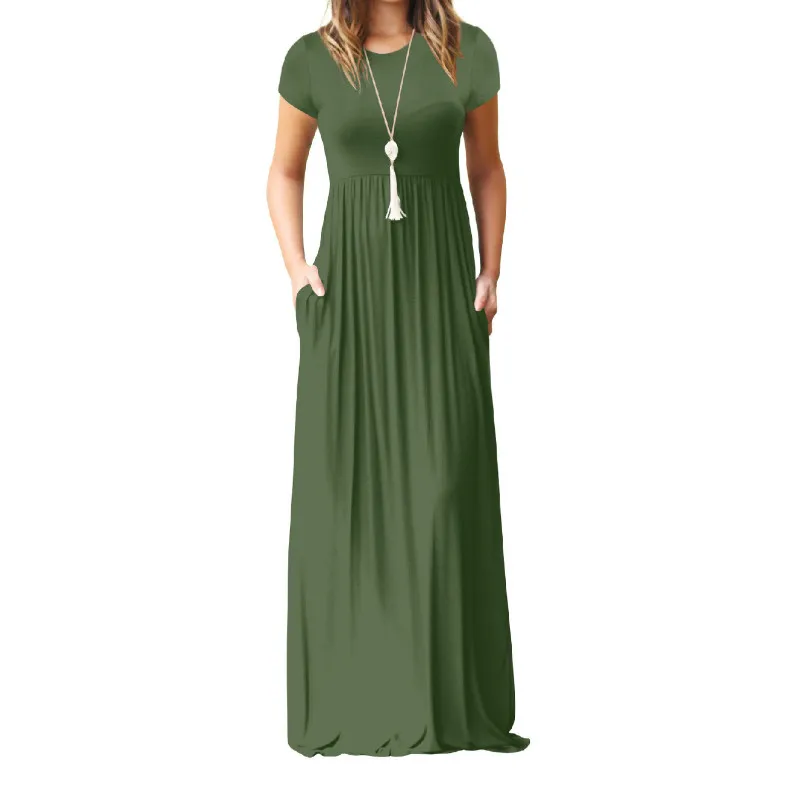 

Plus Size XXL Summer Maxi Long Dress 2019 Women Female Short Sleeve Solid Casual Dresses Femme Pockets O-Neck Dress Long