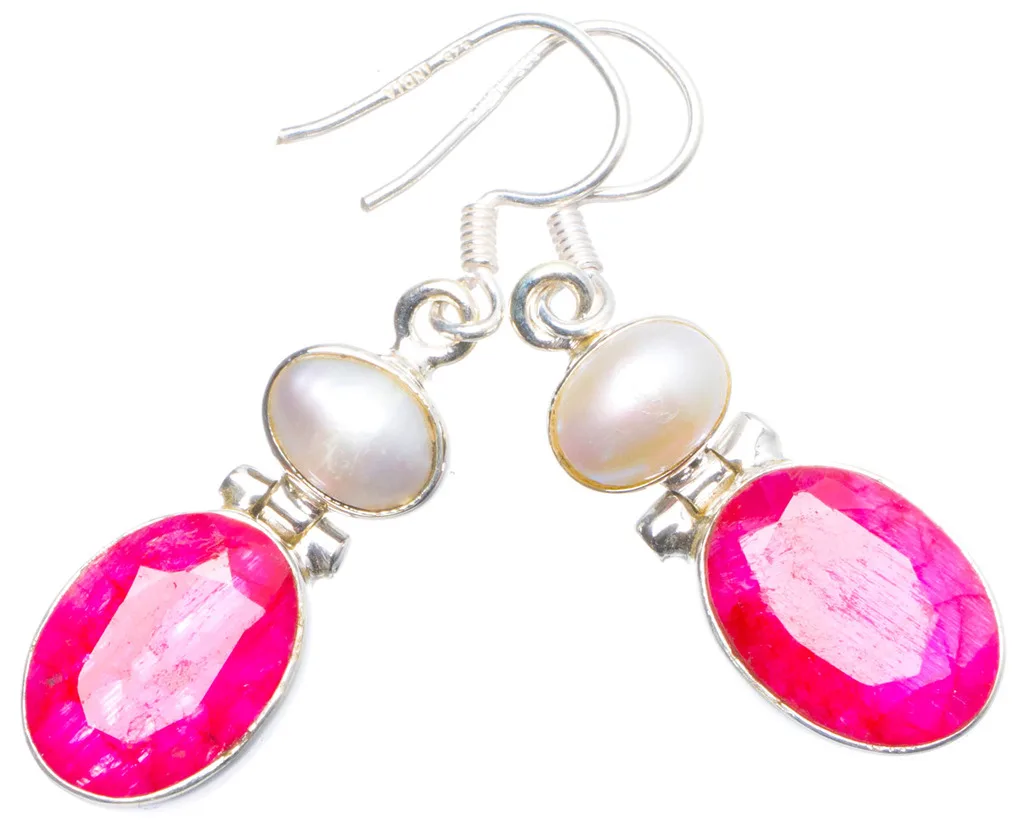 

Natural Cherry Ruby and River Pearl Handmade Unique 925 Sterling Silver Earrings 1.5" X4719