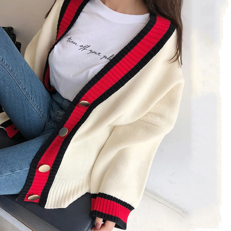 

2019 Korean Leisure Woman Sweater Cardigan Contrast Color Knitted Coat Long Sleeve V-neck Plus Size Cardigans aa889