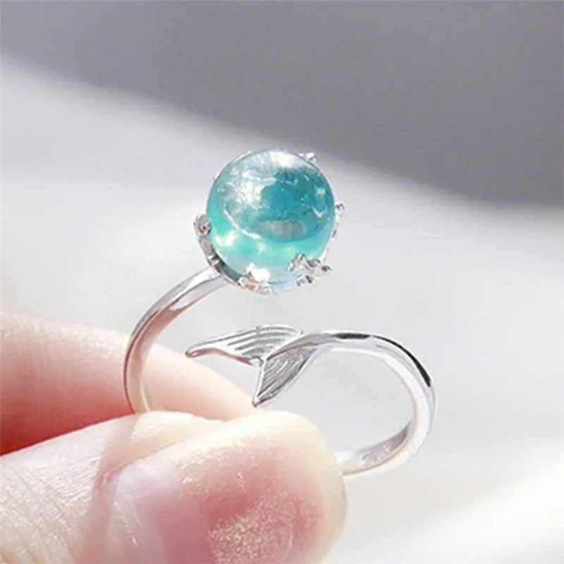 

Stylish Personality Design Mermaid Foam Crystal Adjustable Ring for Women Engagement Silver Finger aquamarine 925 ring