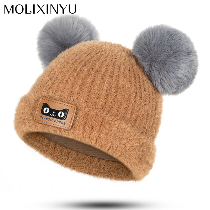 MOLIXINYU/детская зимняя вязаная шапка с меховым помпоном; детская теплая шапка с двумя меховыми помпонами для маленьких мальчиков и девочек; модные шапочки