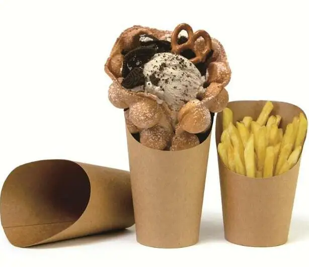 

100pcs Egg Waffle Kraft Paper Cup; French Fries Chips ect Snack pockets Cup ;fried chicken Packing carton