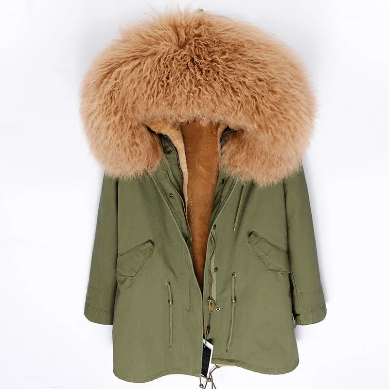 OFBUT winter jacket women real fur coat long parka natural Mongolia Sheep Fur collar hood thick warm streetwear brand new - Цвет: green brown