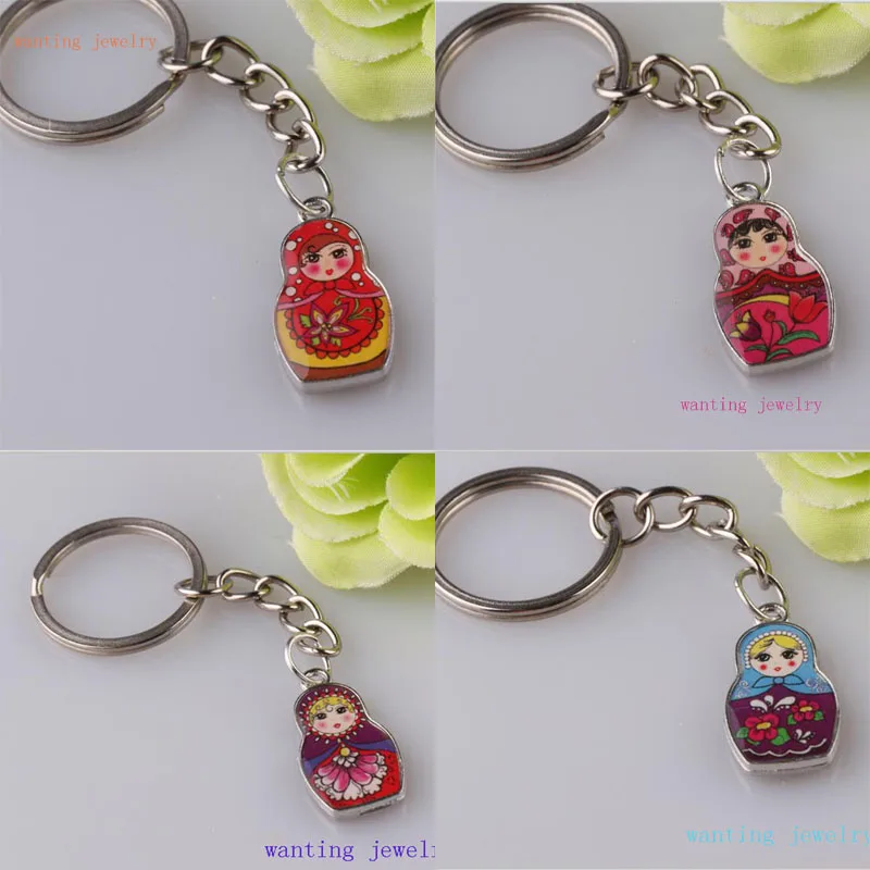 

Enamel Silver Russian Dolls Matryoshka Charm Pendant Key Chain Ring Keychain Key Holder Package Decoration Gifts 1pcs