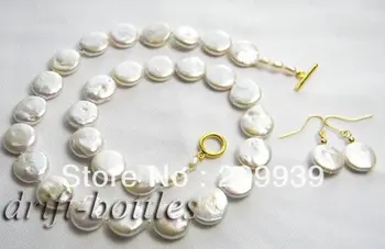 

huij 002075 14MM White Coin Freshwater Pearl Earring Necklace Set