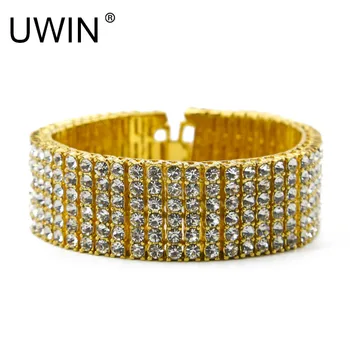 

UWIN Hiphop Men's Bracelet Bangle color Gold Color 6 Row Bling AAA Rhinestones Crystal Bracelet Chain Rock Punk Jewelry 20cm