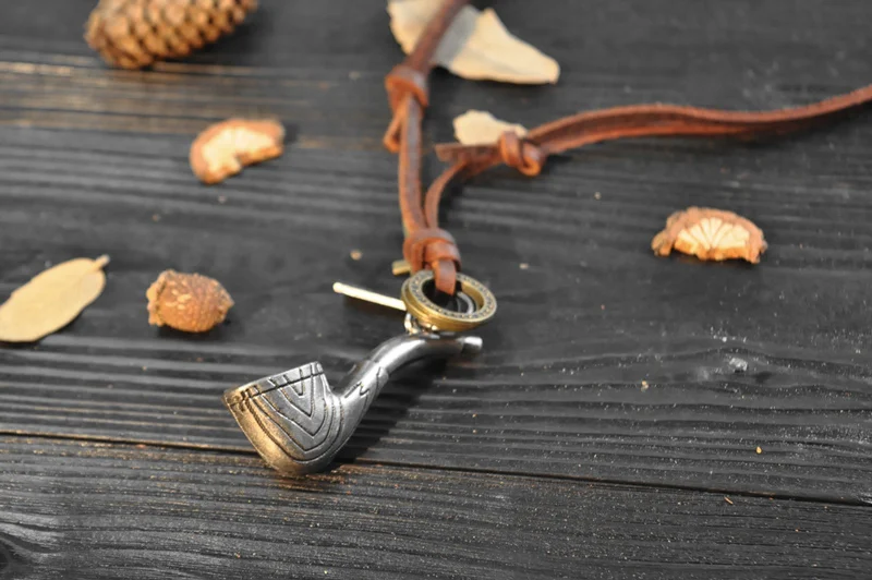 NIUYITID Pipe Pendant Necklace Men Jewelry Fashion Punk Genuine Leather Rope Chain Metal Zinc Alloy Drop Shipping (2)