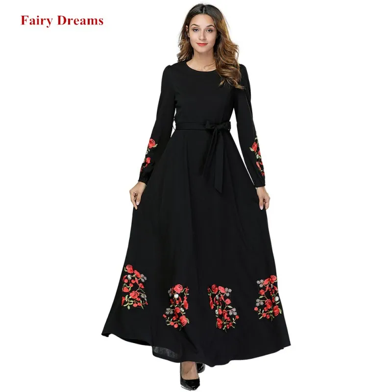 

Women Black Abaya Dubai Muslim Maxi Dress Kaftan Turkish Islamic Plus Size Clothes Flowers Embroidery Bangladesh Ukraine Robe