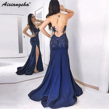 

Navy Blue Evening Dresses 2019 Sweetheart Slit Backless Mermaid Satin Islamic Dubai Saudi Arabic Long Evening Gown Prom Dress