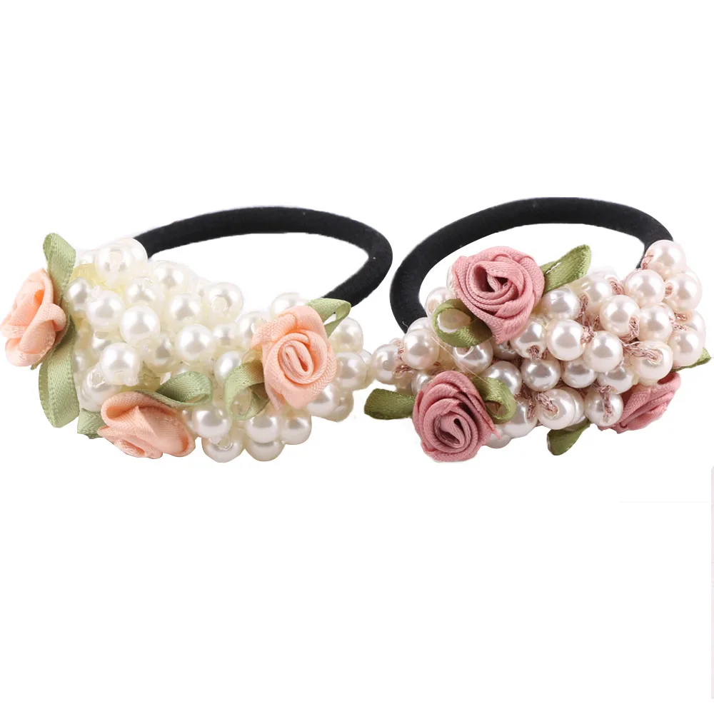 

1PC Fashion Women scrunchies flower beaded pearl headband rubber elastic hair bands girls Ponytail Holder hair accessories