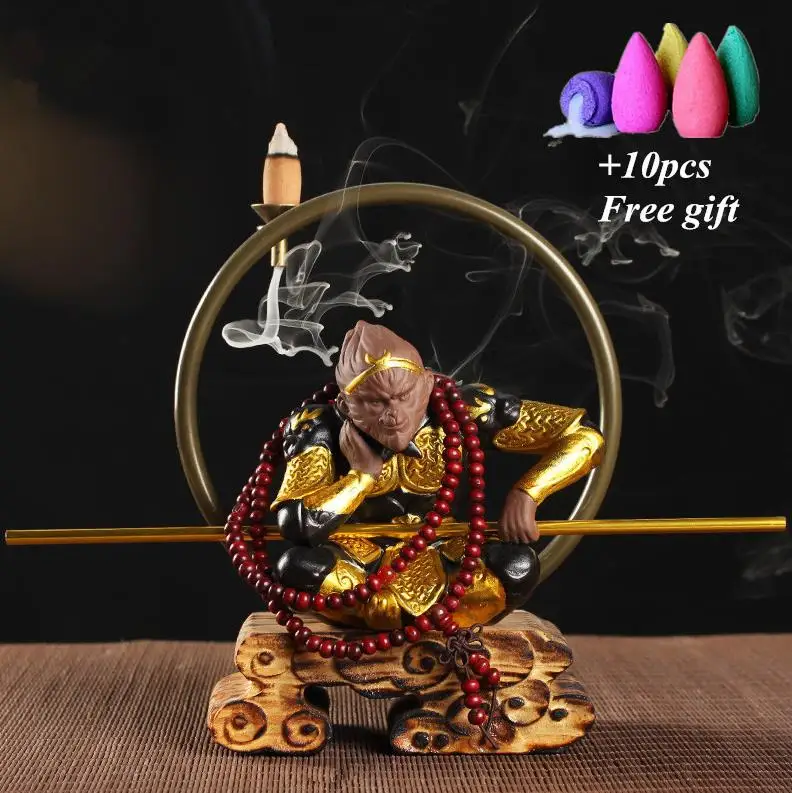 

Creative Monkey King Wood Incense Burner Backflow Chinese Antique Wooden Base Incense Holder Aroma Censer +10pcs Free Cones