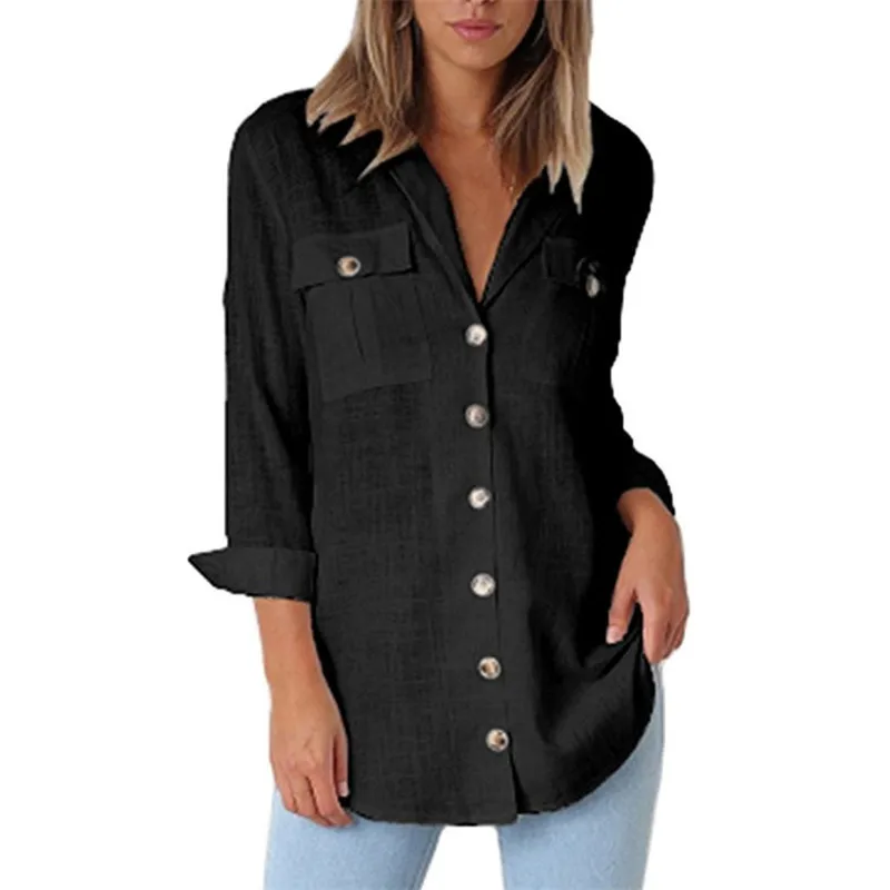 

Plus Size Casual Shirt Fashion Solid Full Sleeve Summer Women Blouse Pockets V-Neck Solid Long Chiffon Blusas Office Ladies Tops