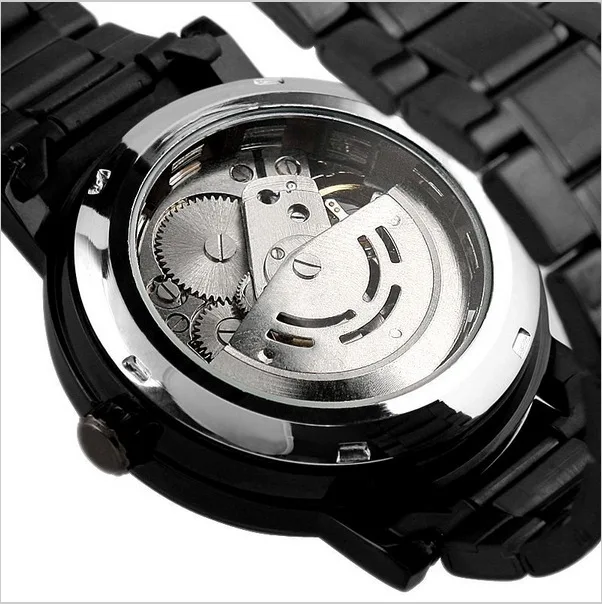 Winner Skeleton Black Stainless Steel Blue Hands Luminous Mens Watches Top Brand Luxury Watch Men Montre Homme Automatic Watches