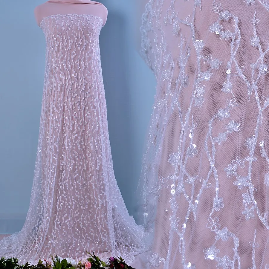 

Off white Embroidery mesh tulLe lace fabric 5yards flower pattern handmade beaded african lace fabrics for wedding party dress