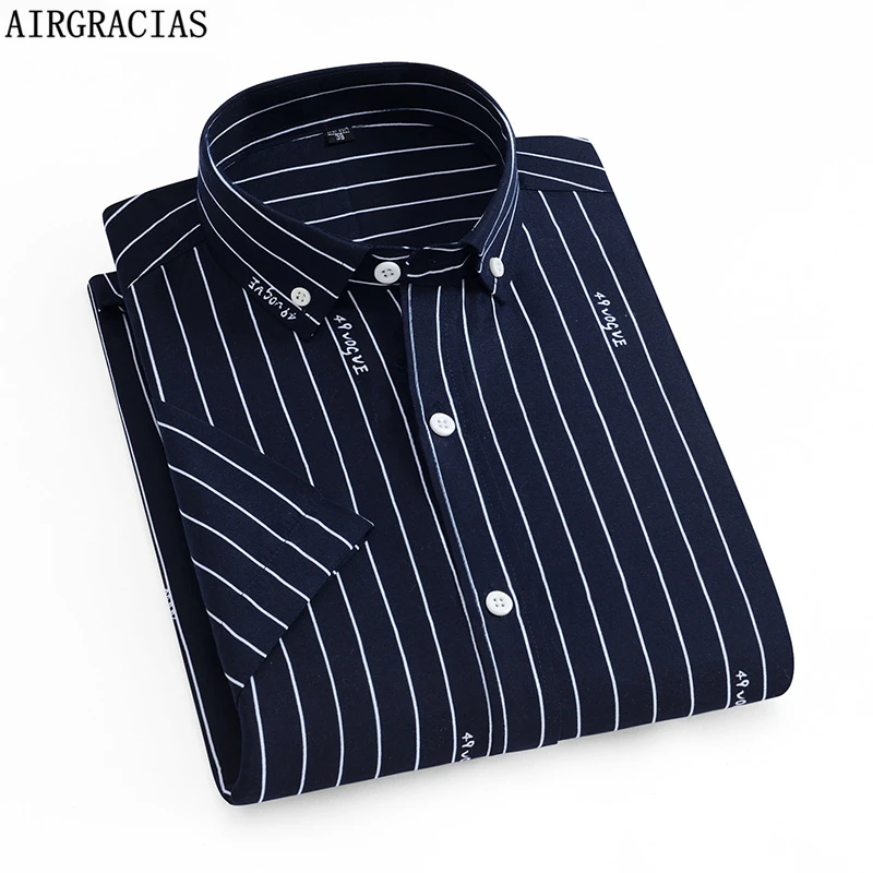 

AIRGRACIAS High Quality Men Oxford Casual Shirts Leisure Design Striped Men's Social Shirts Short Sleeve Men's Dress Shirts New