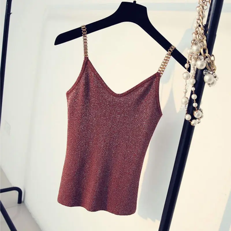 white bra 5 Colors Female Sleeveless Tank Tops Sexy Women V-Neck Knitted Camisole Club Girls Spaghetti Metal Strap Thin Shiny Glitter cami top