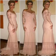 Herrliche Rosa Lange Prom Kleider 2016 Boot-ausschnitt Chiffon Spitze Appliques Volle Hülse Abendgesellschaft Kleider