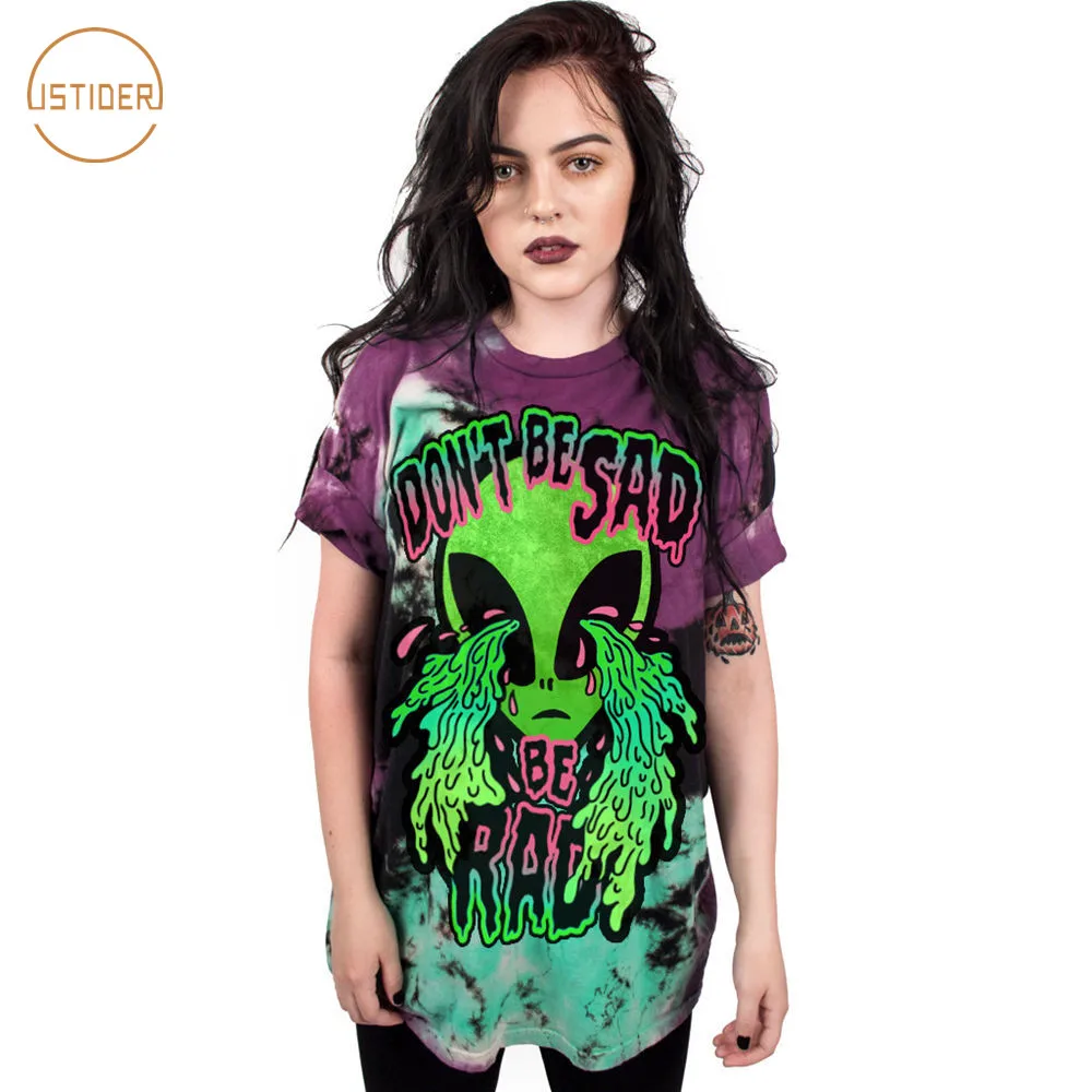 

ISTider Brand New Weird Design "Don't Be Sad" Crying Alien T Shirt Women Summer Loose Short Sleeve T-Shirt Unisex Punk Tops