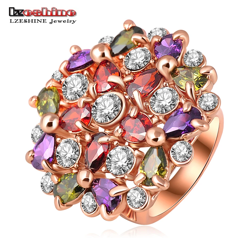 LZESHINE Rose Gold Color Big Round Flower Engagement Ring with