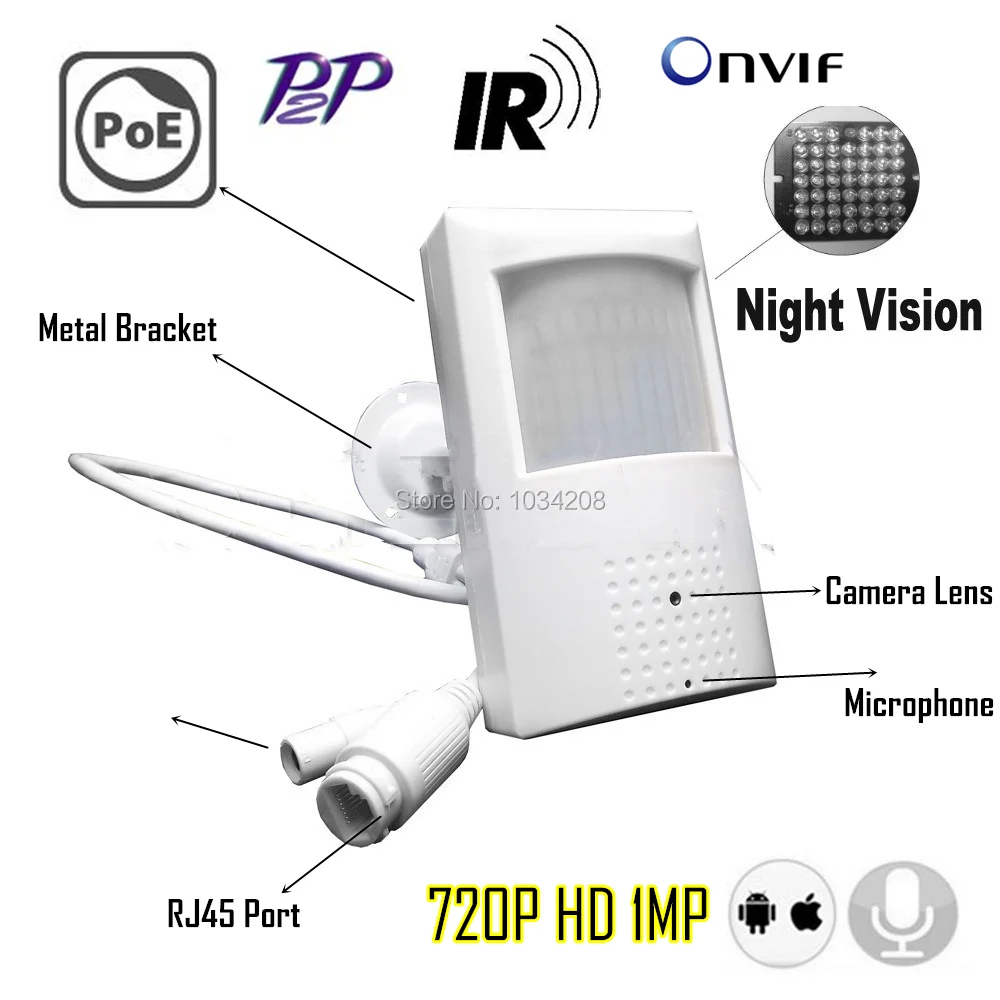 1MP 720P IR Audio POE Pinhole Ip Camera Night Vision 940nm Infrared Ip Camera PIR Style Motion Detector ONVIF P2P Metal Bracket