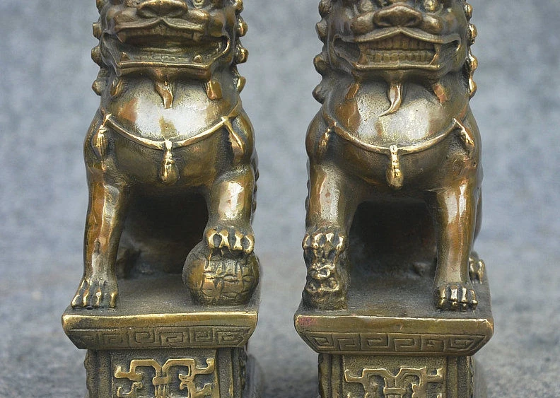 

Copper Brass craft 6" Old China FengShui Palace Bronze Door Guardian Foo Fu Dog Lion Statue Pair