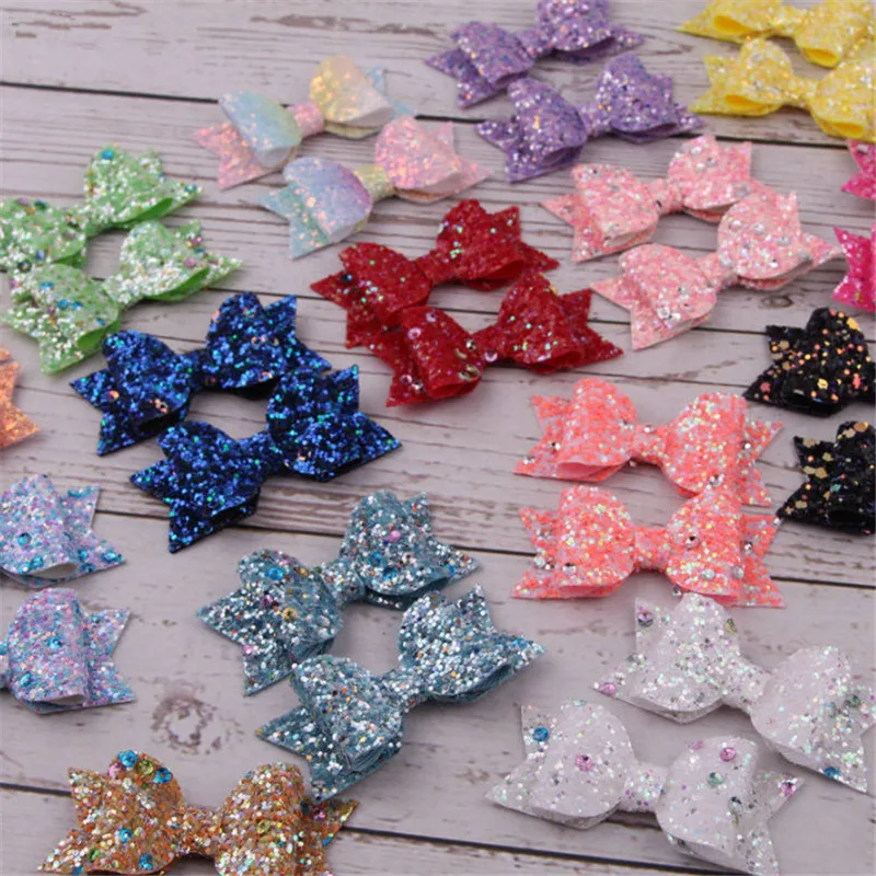 

5set/lot 15Colors Chic European Glitter Synthe Leather Hair Bow With Clips Children Hairpins Bowknot Hair Accessory Headwear Set