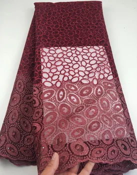 

Free shipping 5yards/lot 2019 latest wine red African tulle lace fabric mbroidered Nigerian net lace fabric for party dress RL18