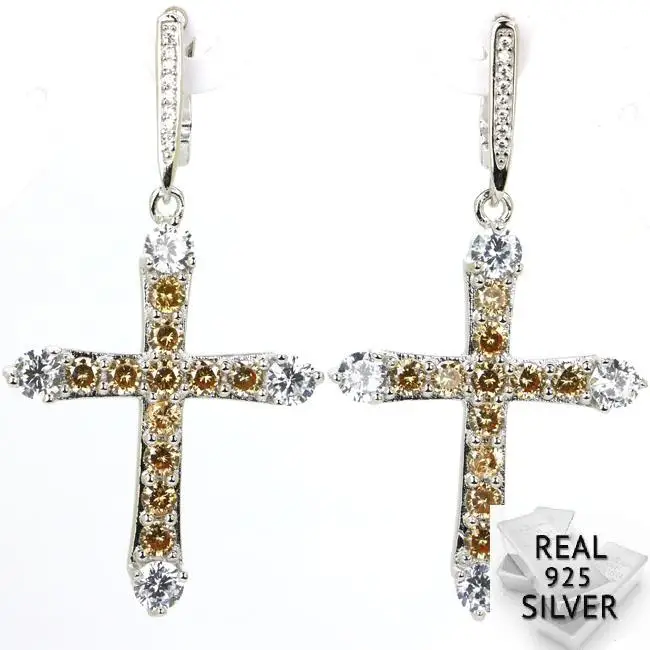 

Real 10.3g 925 Solid Sterling Silver Classic Cross Champagne Topaz CZ Woman's Earrings 53x27mm