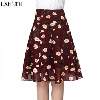 

LXMSTH Mother Chiffon Skirt Plus Size Fashion Flower Print Skirt Summer New arrival Higi Waist A Line Midi Pleated Skirts 2019