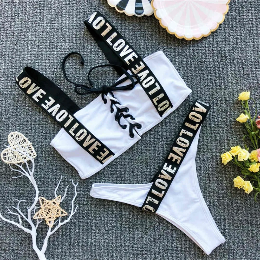 2019 Letter Printed Brazilian Bikini Women Swimwear Female Swimsuit Two-pieces Bikini set Lace Up Bather Bathing Suit Swim V1074