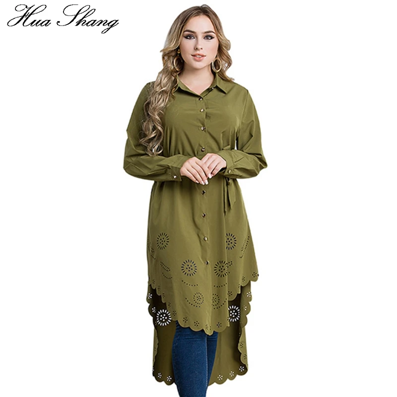 

Plus Size 6XL High Low Hem Blouse Shirt Women Spring 2018 Long Sleeve Hollow Out Floral Asymmetrical Loose Tops Blusas With Belt