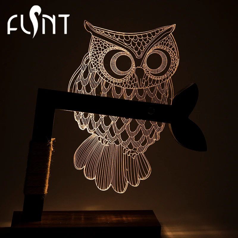 Creative 3d Bedroom Led Night Light Wood Abs Dimmable Lighting Owl